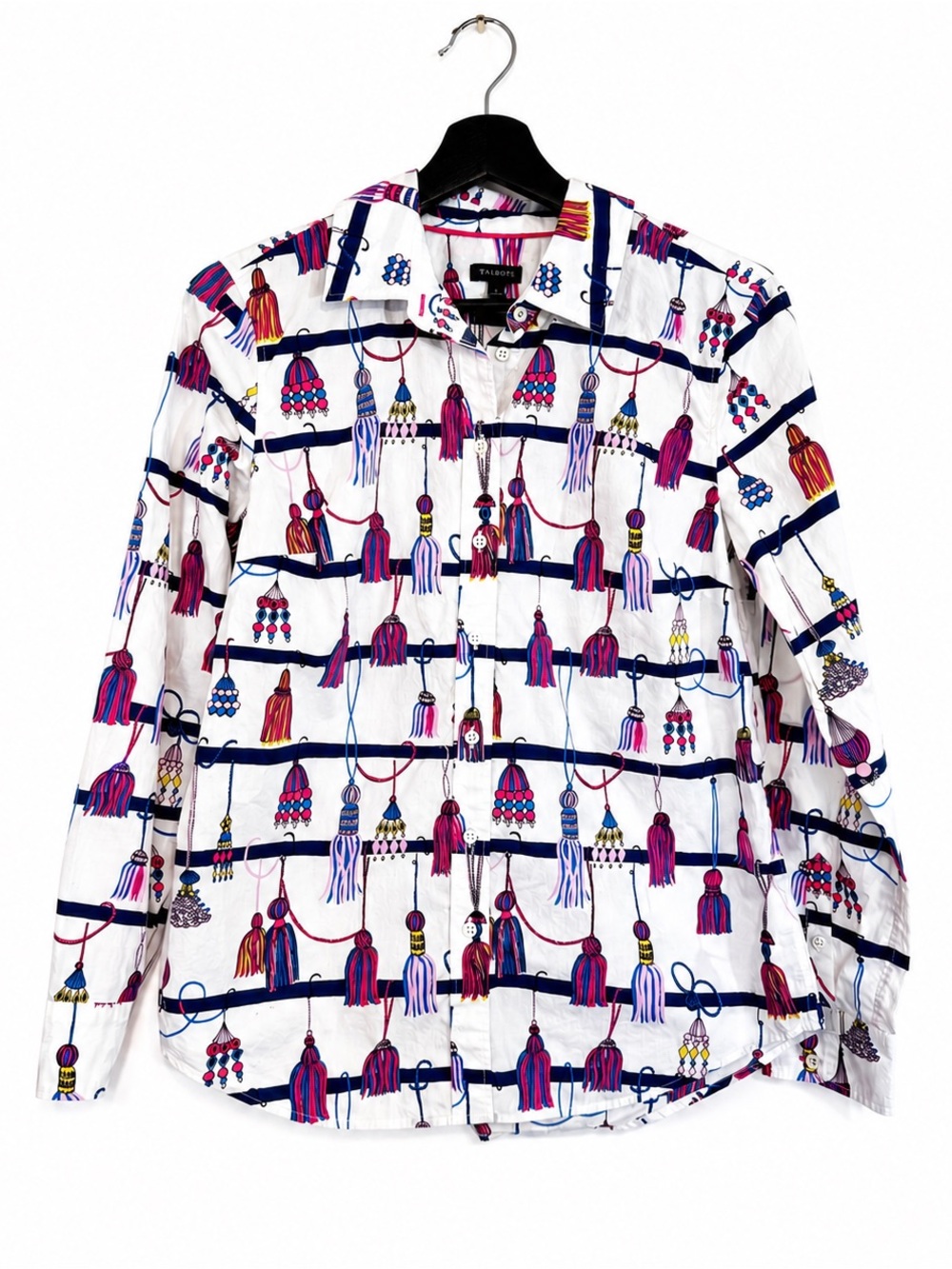 TALBOTS Tassel Print Button-Down Shirt - White with Pink & Navy